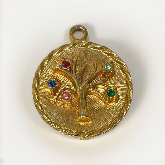 Jewelry - Vintage Gold Tone Tree of Life Round Pendant Charm With Multicolor Rhinestones